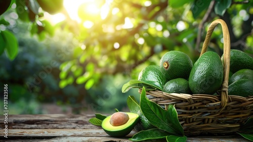 avocado in basket with leaves on wooden table and avocado tree farm with sunlight background. photo