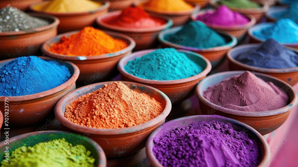 bowls with bright dry colors near piles of colours bowls with bright dry colors near piles of colours