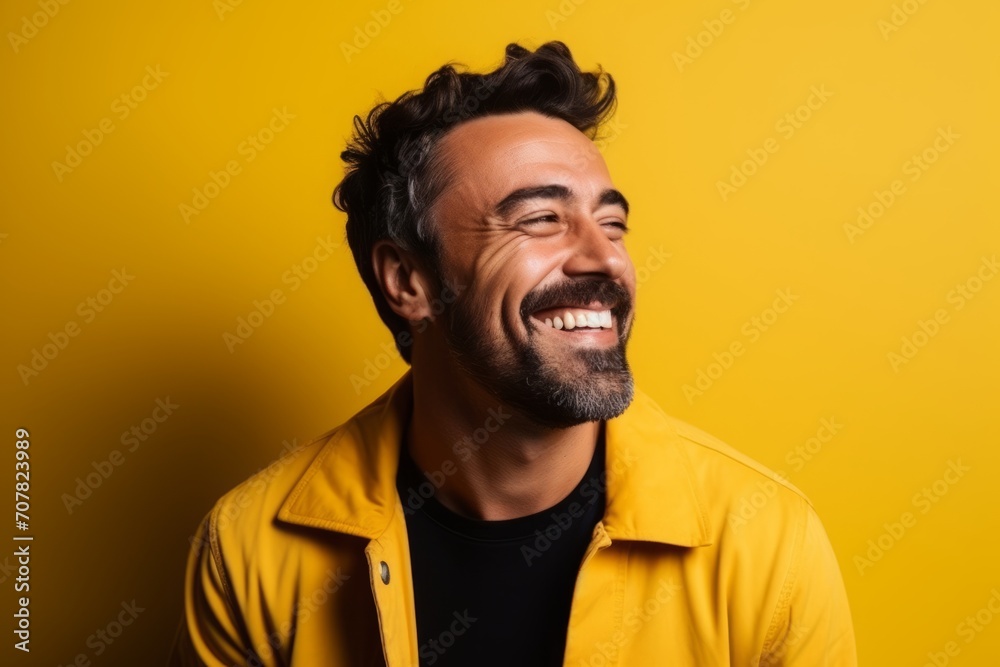 Portrait of a handsome young man laughing and looking up on yellow background Portrait of a handsome young man laughing and looking up on yellow background