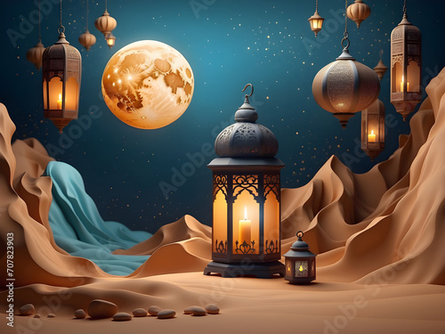 Ramadan kareem abstract background with lantern, desert, Dunes and Crescent photo