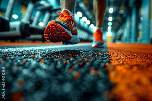 Runner in Orange Athletic Shoes on Treadmill, Gym Workout photo