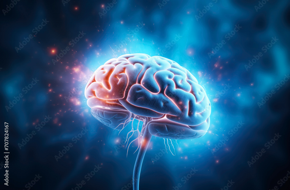 Glowing Mind Surge. A human brain radiates with a soft glow against a deep blue backdrop, symbolizing the power of thought and the depths of the human psyche Glowing Mind Surge. A human brain radiates with a soft glow against a deep blue backdrop, symbolizing the power of thought and the depths of the human psyche