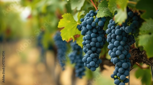 Close-up of a blue grape hanging in a vineyard, wide shot