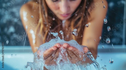 closeup of a young woman washing her hands