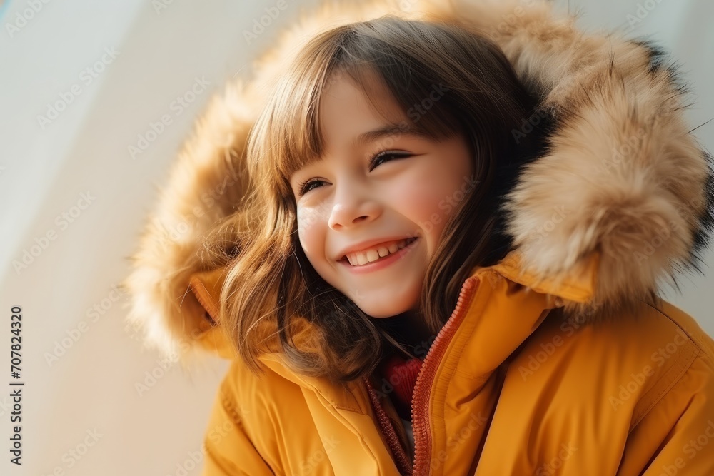 Portrait of a cute smiling little girl in a yellow jacket.