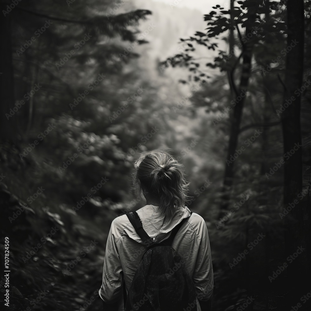 Junge Person im Wald die Wanderlust repräsentiert, Junge Person in der Natur am Reisen