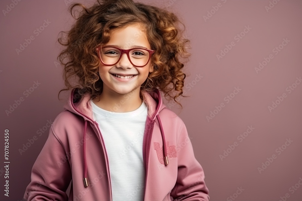 Portrait of a cute little girl wearing pink hoodie and glasses