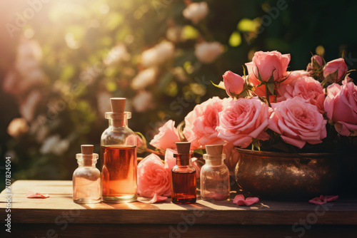 rose essential oil bottles and flowers in garden, rose harvesting, extraction absolute production, Generative AI