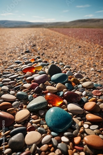 A vibrant spectrum of colorful rocks and pebbles, each one unique in its shape and texture, scattered across a wide landscape. The sun's rays dance off their smooth surfaces. photo