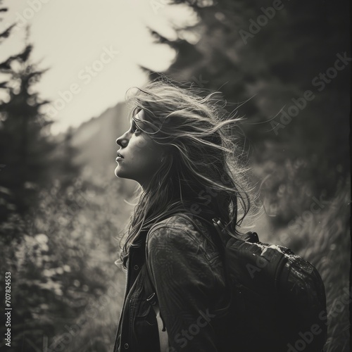 Junge Person im Wald die Wanderlust repräsentiert, Junge Person in der Natur am Reisen
