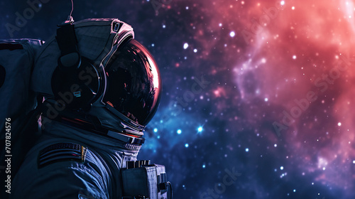 Fototapeta Naklejka Na Ścianę i Meble -  An astronaut wear a headphones over helmet and listen music in open space background