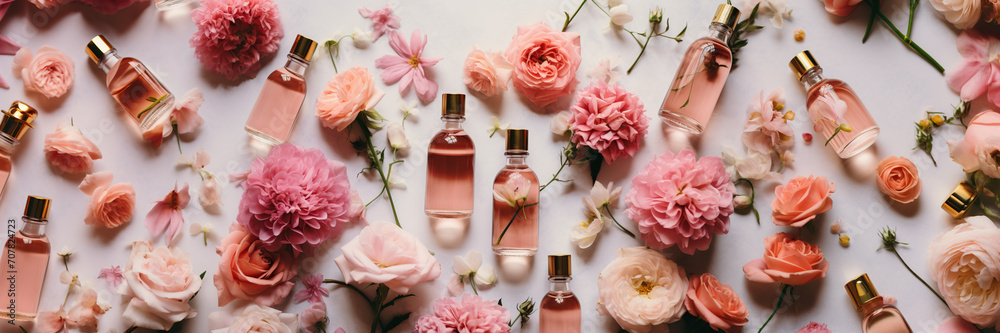 rose essential oil bottles and flowers, harvesting, extraction absolute production, Generative AI rose essential oil bottles and flowers, harvesting, extraction absolute production, Generative AI