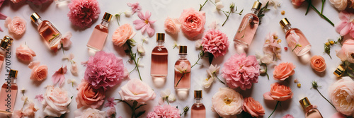 rose essential oil bottles and flowers, harvesting, extraction absolute production, Generative AI photo