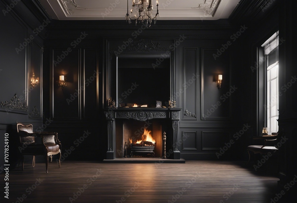 Empty classic interior of a room with fireplace over black wall Empty classic interior of a room with fireplace over black wall