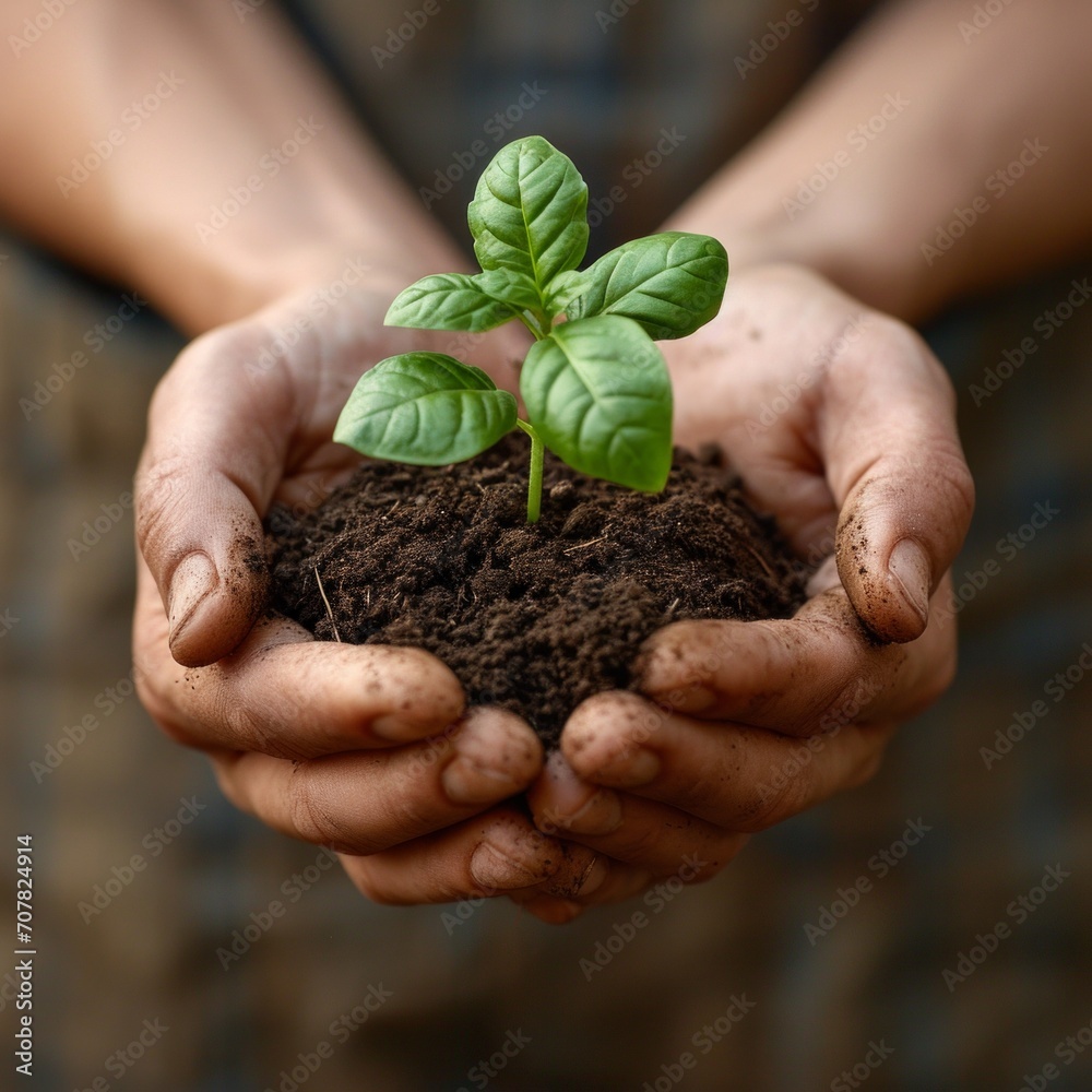 Naturschutz, Mensch hält Erde und Blume in der Hand Naturschutz, Mensch hält Erde und Blume in der Hand