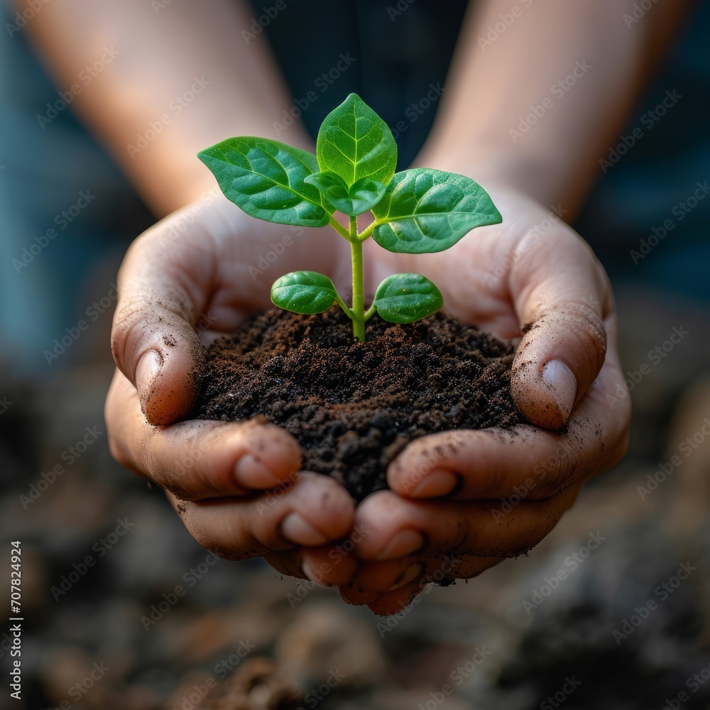 Naturschutz, Mensch hält Erde und Blume in der Hand Naturschutz, Mensch hält Erde und Blume in der Hand