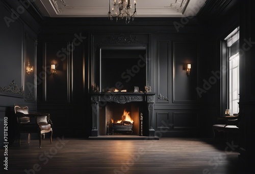 Empty classic interior of a room with fireplace over black wall © ArtisticLens
