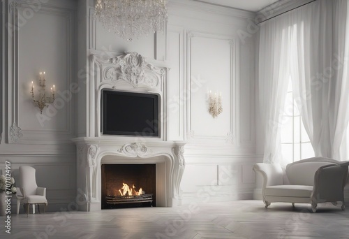 Empty classic white interior of a room with fireplace 3d renderi