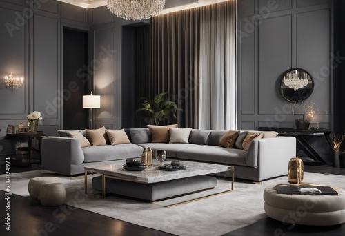 Gray fabric sofa and marble stone coffee table Hollywood regency style interior design of modern liv photo