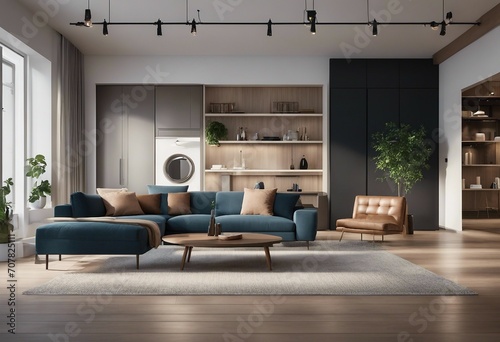 Interior design of modern apartment living room with sofa and armchair 3d rendering