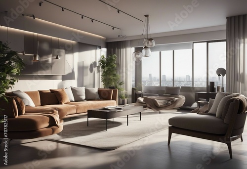 Interior design of modern apartment living room with sofa and armchair 3d rendering