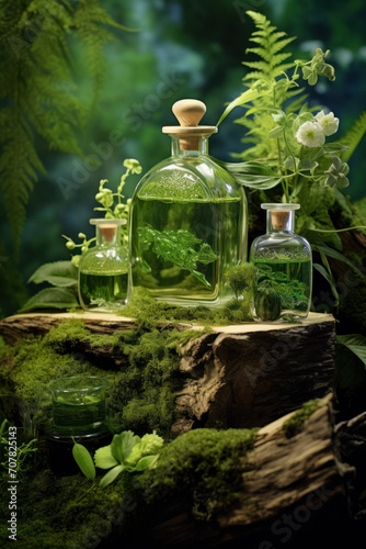 fancy glass perfume bottles in green herbs flowers moss, natural cosmetics, Generative AI © Olga Miltsova