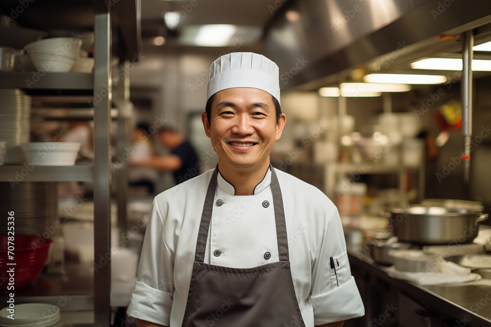 Portrait of Asian chef in the kitchen in a restaurant. Generative AI Portrait of Asian chef in the kitchen in a restaurant. Generative AI