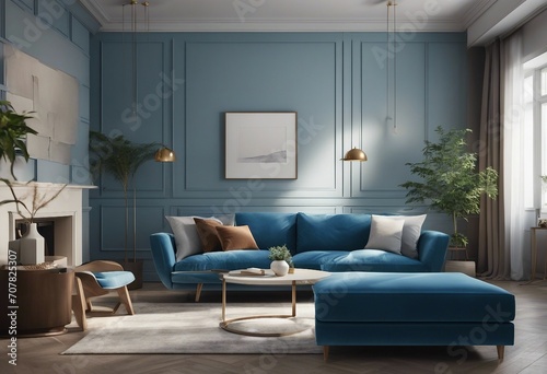 Interior of living room with blue sofa 3d rendering © ArtisticLens