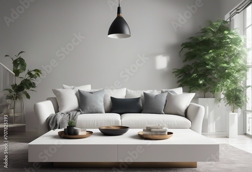 Interior of living room with white sofa and coffee table panorama 3d rendering