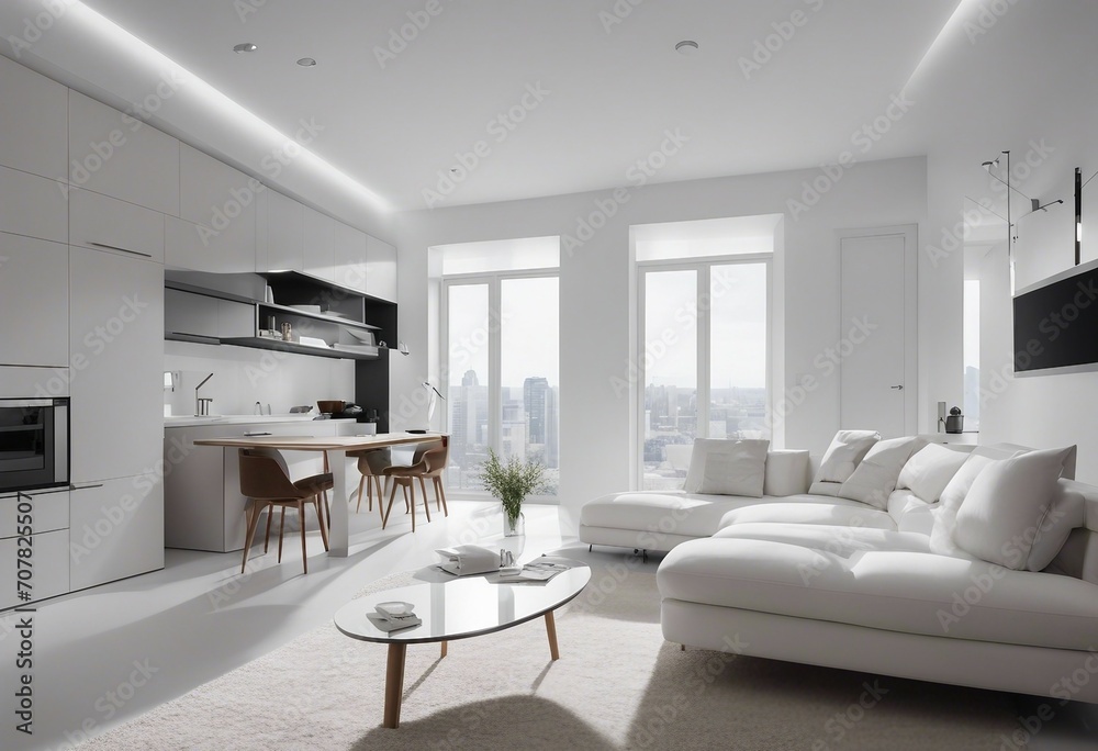 Interior of modern white apartment panorama