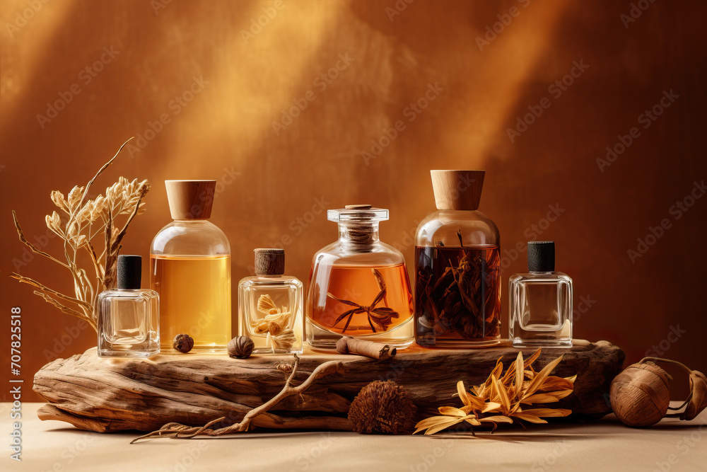 modern glass perfume bottles with herbs flowers spices wood, natural perfume cosmetics, Generative AI modern glass perfume bottles with herbs flowers spices wood, natural perfume cosmetics, Generative AI