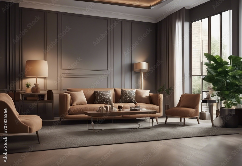 Interior with armchair and coffee table panorama 3d rendering