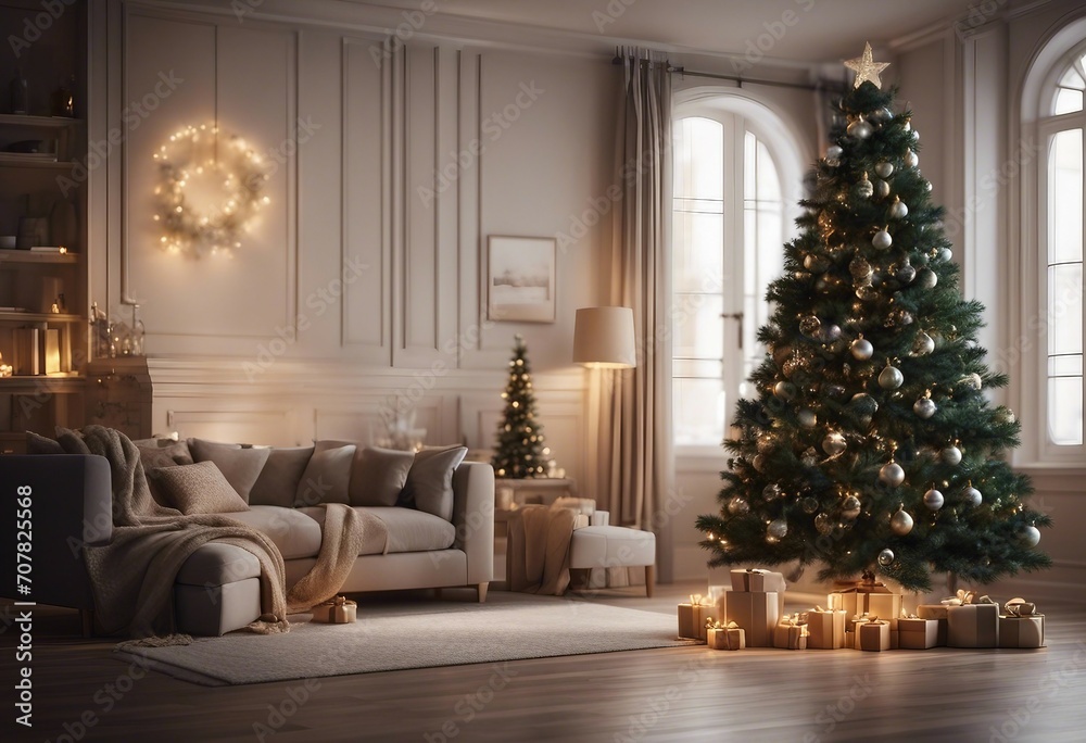 Interior with christmas tree 3d rendering