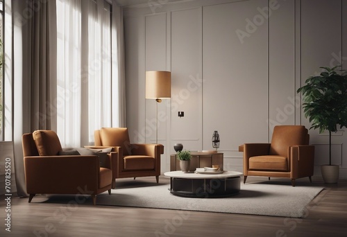 Interior of room with armchair lamps and coffee table 3d render © ArtisticLens