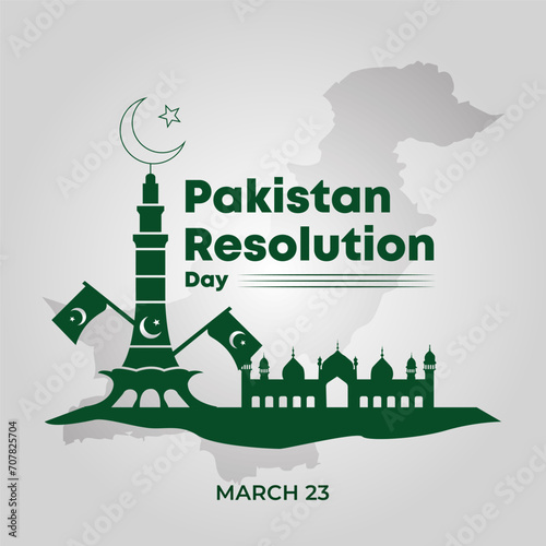 Vector pakistan resolution day design with national map and flag and landmark building. photo