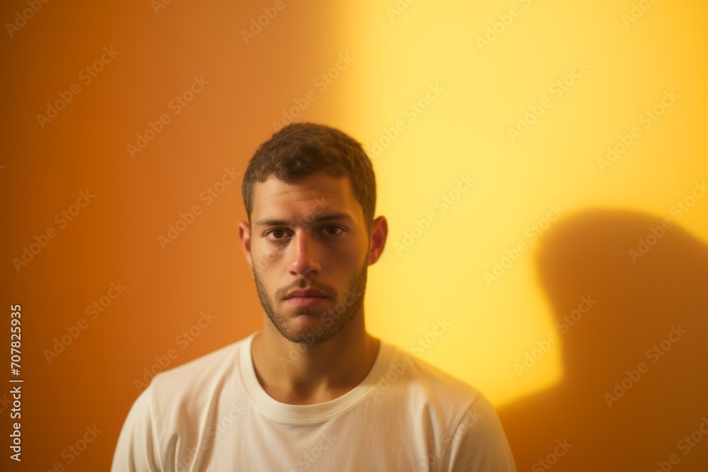 Portrait of a young man in a white T-shirt on a yellow background Portrait of a young man in a white T-shirt on a yellow background