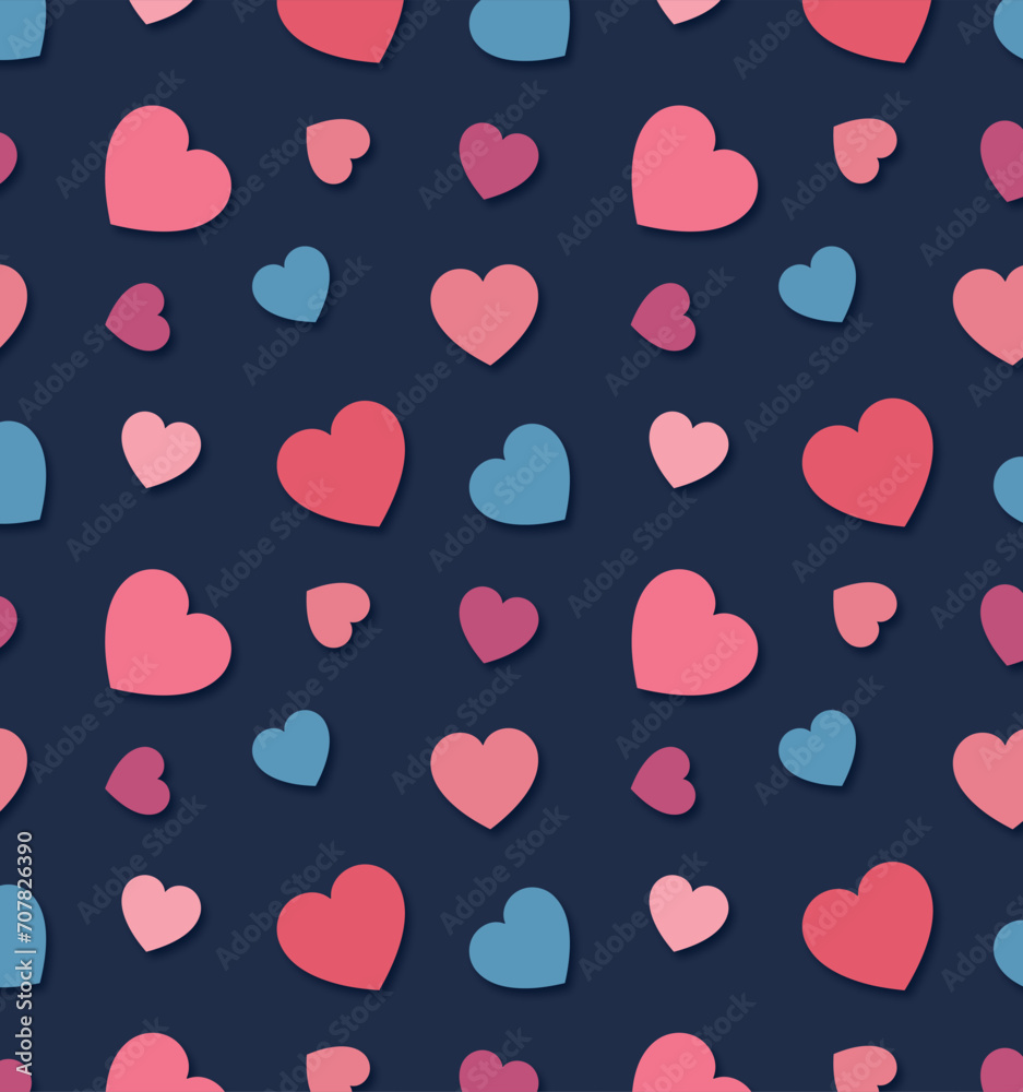 Vector pattern colorful hearts decoration, flat icons on darf blue background for Valentines Day holiday or Weddings. Holiday seamless pattern design, backgrounds, prints