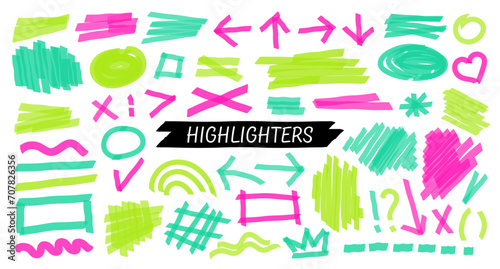 Highlight brush lines, shapes, elements. Big set of hand drawn isolated vector objects on white background. Neon pink doodle strokes. Acid highlighters marker stripes, underlines for any use. photo