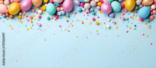 Colorful easter eggs on blue background copy space for text .