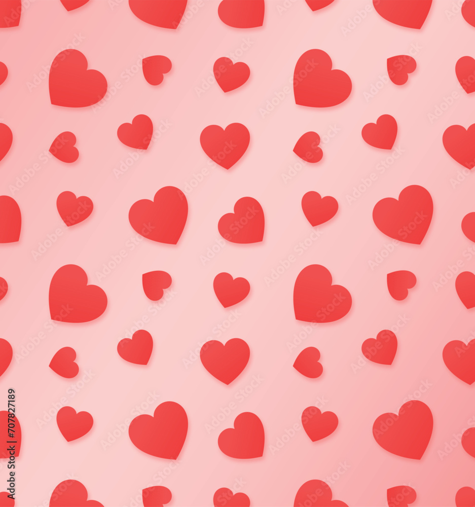 Vector pattern red hearts decoration, flat icons on pink background for Valentines Day holiday or Weddings. Holiday seamless pattern design, backgrounds, prints