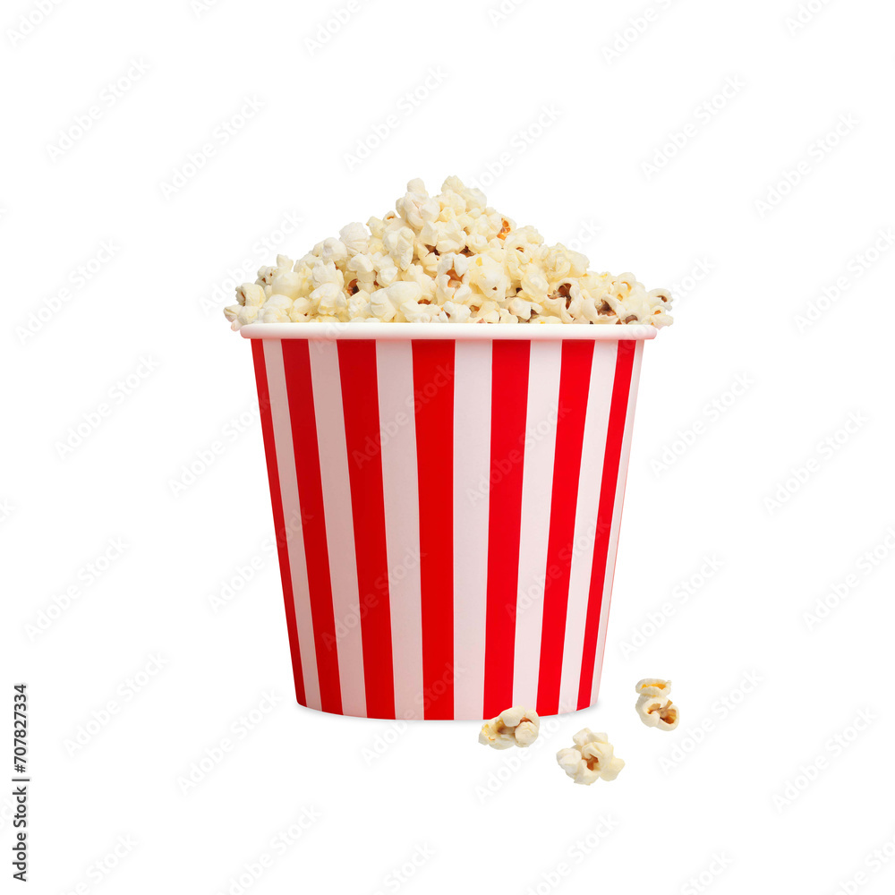 Popcorn in red and white striped cardboard bucket on transparent background png