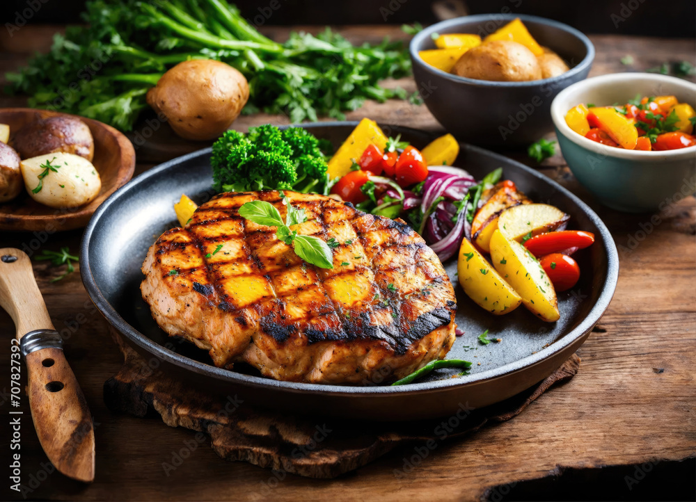 Grilled chicken steak with potatoes and vegetables on a wooden table