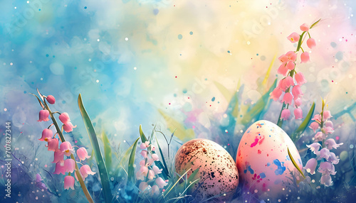 Watercolor flower meadow with colorful easter eggs background.Easter and Spring wallpaper. photo