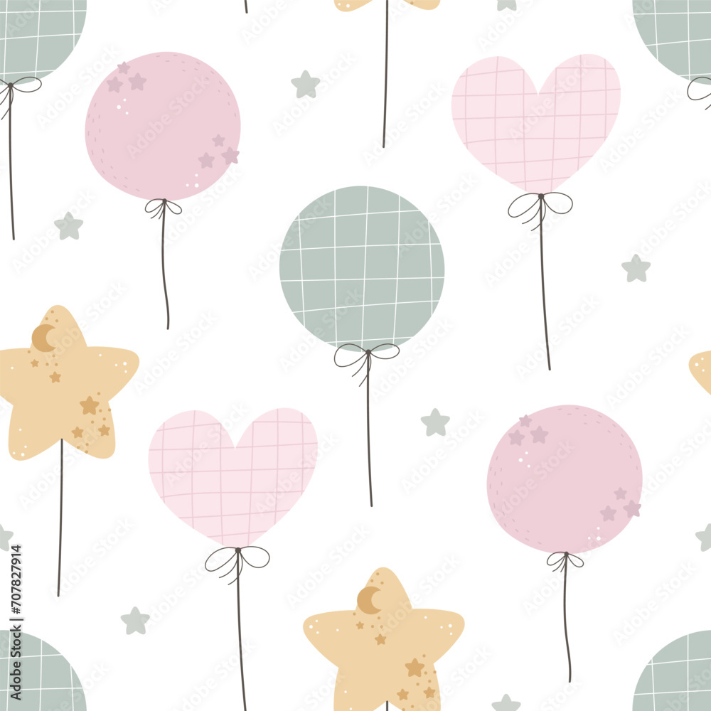 Seamless festive pattern with cartoon balloons, decor elements. flat vector for birthday. kids hand drawing. baby design for fabric, wrapper, print	
