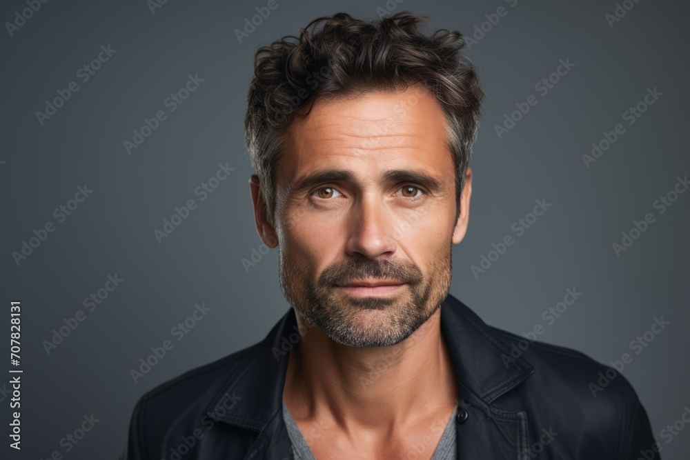 Portrait of handsome man with beard and mustache looking at camera.