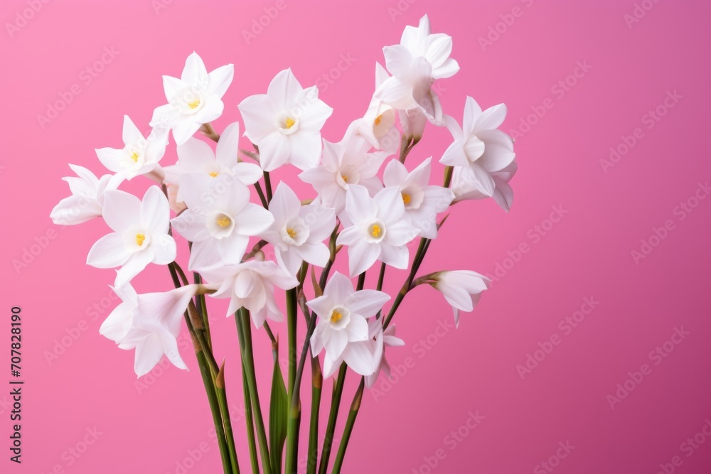 Bouquet of white narcissus on a fuchsia colored backdrop isolated pastel background 