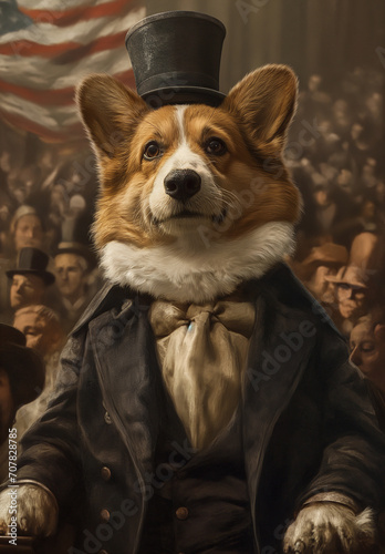 Elegant Corgi wearing a cylinder hat