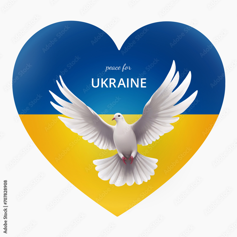 Obraz premium Flying peace dove on the heart in the colors of the Ukrainian flag background. Symbols of peace and freedom, support for Ukraine. International Peace Day design