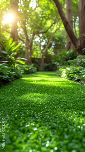 Green Lawn With Trees and Bushes, Nature Background