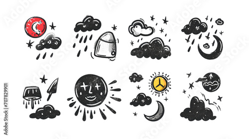 white-black Set of 10 hand-drawn pop-style icon illustrations with weather motifs on transparent background